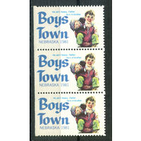 США, виньетки - 1981г. - Рождество. Boys Town, Небраска - 3 марки - сцепка - MNH. Без МЦ!