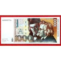 1000 марок ФРГ * Федеративная Республика Германия * образца 1991 года * Братья Гримм * UNC