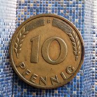 10 пфеннигов 1950 года(F) Федеративная республика. Очень красивая монета! Родная патина!