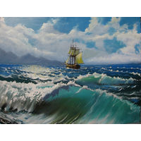 Волна море и корабль парусник