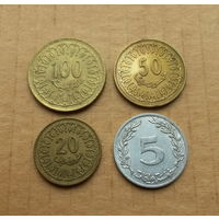 Лот монет Туниса: 100, 50, 20 и 5 миллимов