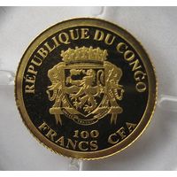Конго 100 франков 2022 пруф, золото