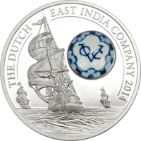 RARE Острова Кука 10 долларов 2014г. Royal Delft: "Голландская Ост - Индийская Компания". Монета в капсуле, подарочном футляре; номерной сертификат; коробка. СЕРЕБРО 50гр.