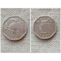 Мальта 5 центов 1991 /фауна - краб/герб/(М)