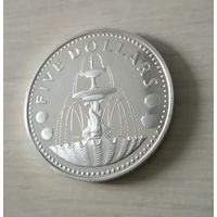 Барбадос 5 долларов 1980, серебро, унция, Proof, 40мм, фонтан, редкий год!